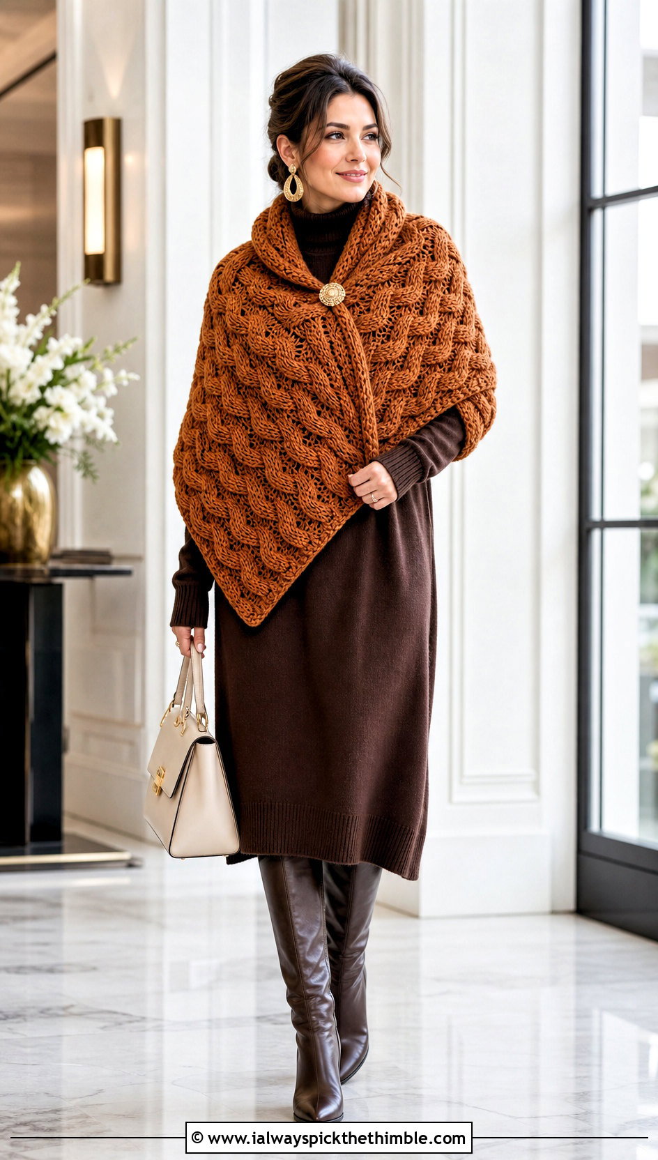 Cable Texture Bulky Yarn Crochet Shawl With Sweater Dress - 20 Bulky Yarn Crochet Shawl outfit ideas