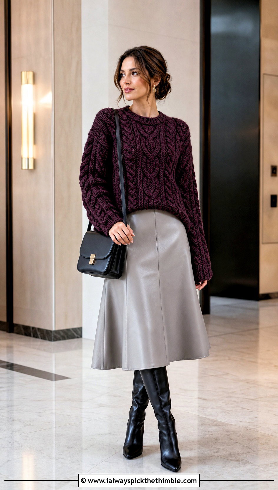 Cable Texture Bulky Yarn Crochet Sweater With Faux Leather Midi Skirt - 20 bulky yarn crochet sweater outfit ideas