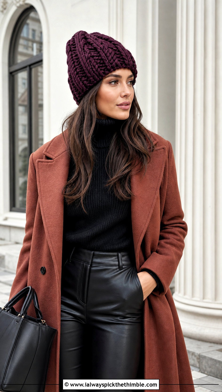 Cable Texture Chunky Crochet Beanie With Coat And Leather Pants - 20 Easy Chunky Crochet Hat outfit ideas
