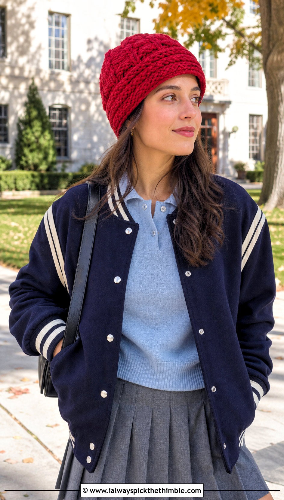 Cable Texture Chunky Crochet Beanie With Varsity Jacket And Pleated Skirt - 15 large crochet beanie outfit ideas