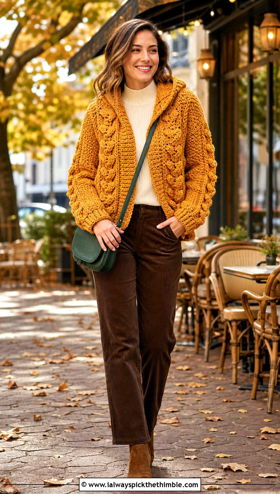 Cable Texture Chunky Crochet Hoodie With Corduroy Pants - 20 crochet chunky hoodie outfit ideas