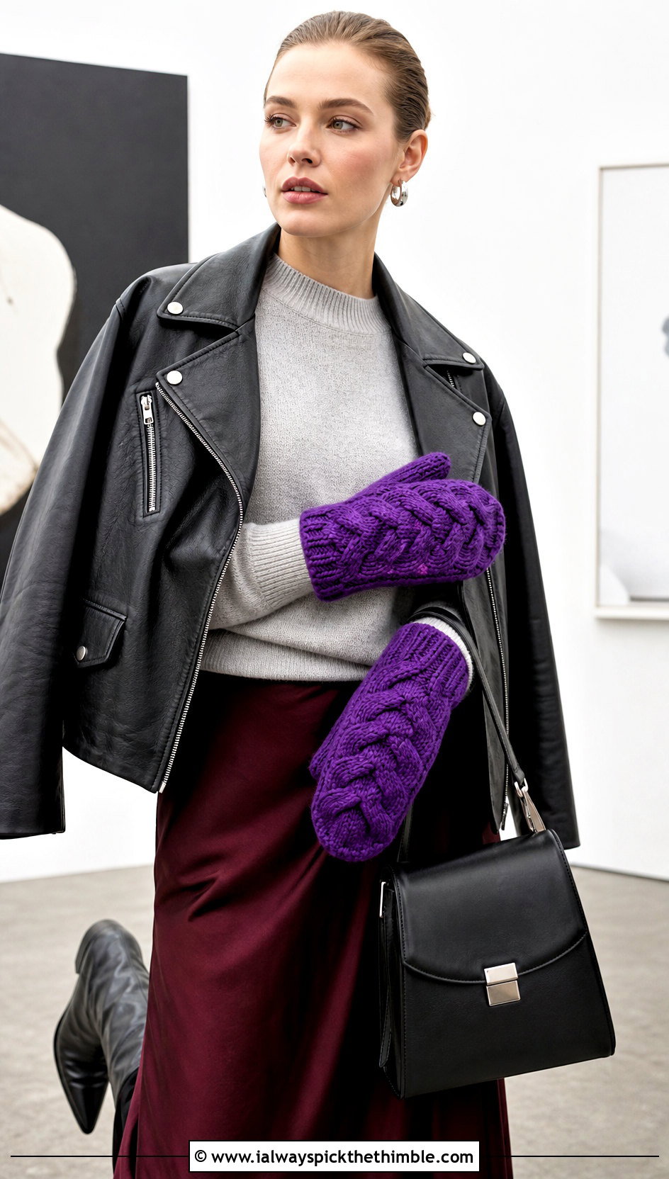 Cable Texture Chunky Crochet Mittens With Leather Jacket and Satin Skirt - 20 Chunky Yarn Crochet Mittens outfit ideas