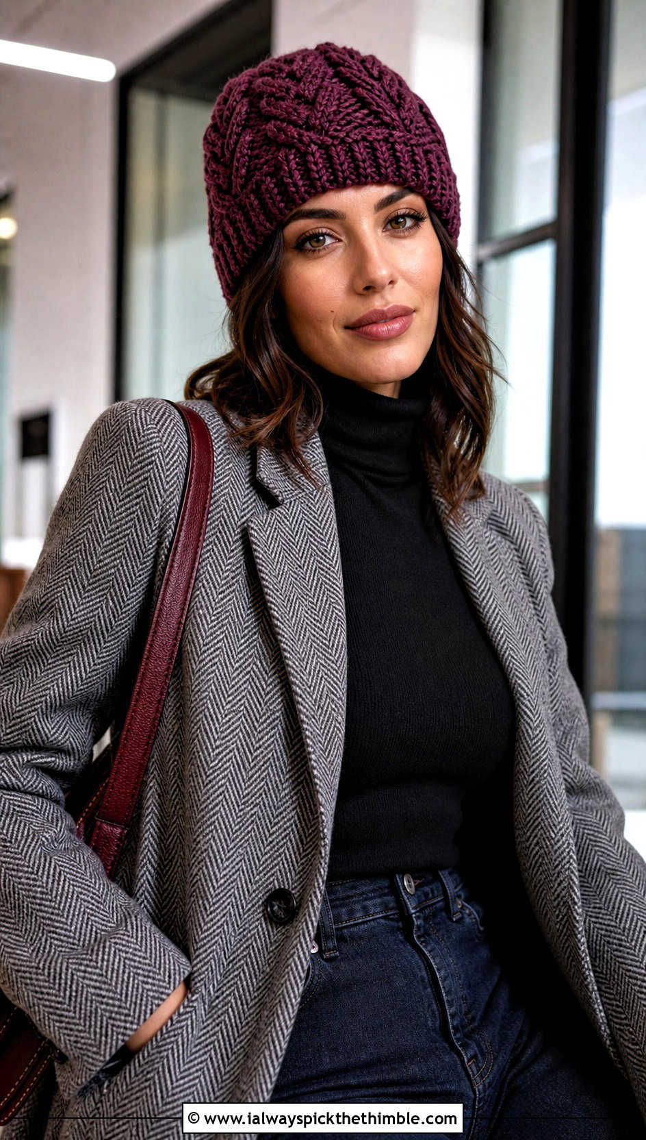 Cable Texture Crochet Beanie With Blazer And Straight Jeans - 25 crochet winter hats outfit ideas