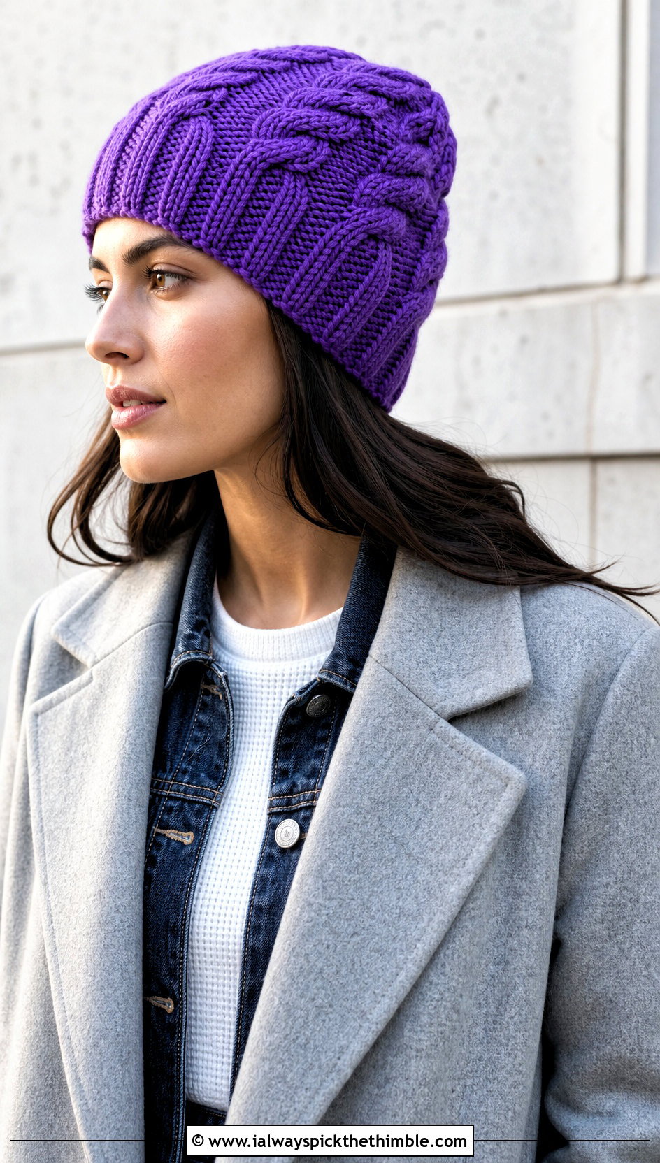 Cable Texture Crochet Beanie With Denim Jacket And Jeans - 20 winter crochet beanie outfit ideas