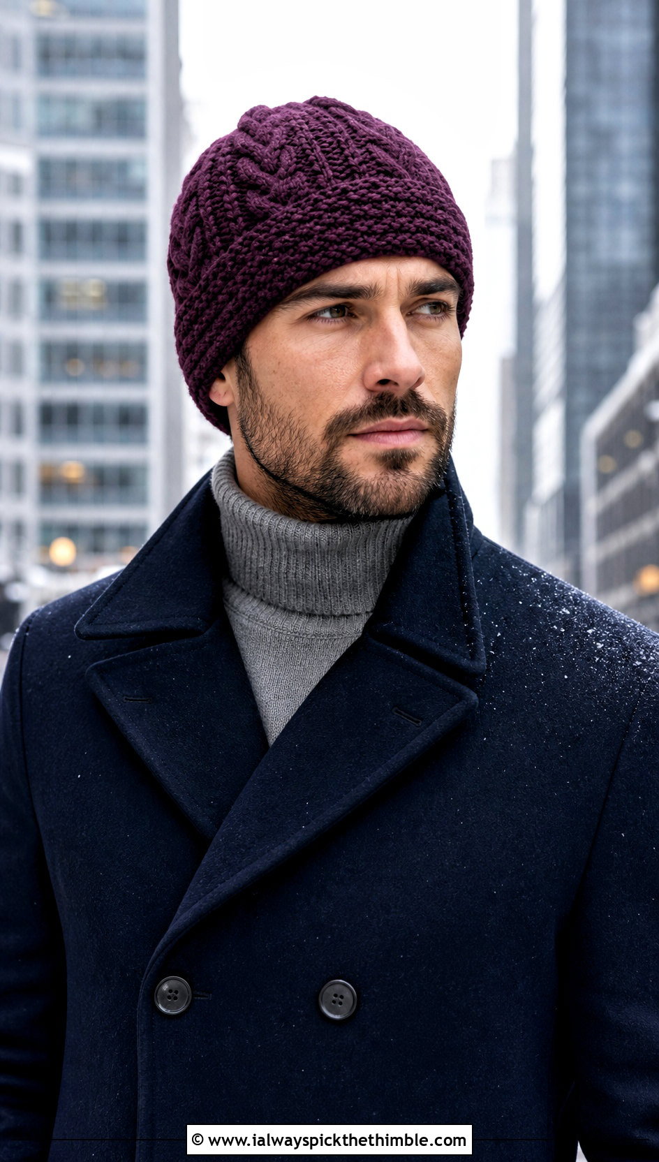 Cable Texture Crochet Beanie With Peacoat - 25 Men Crochet Beanie outfit ideas