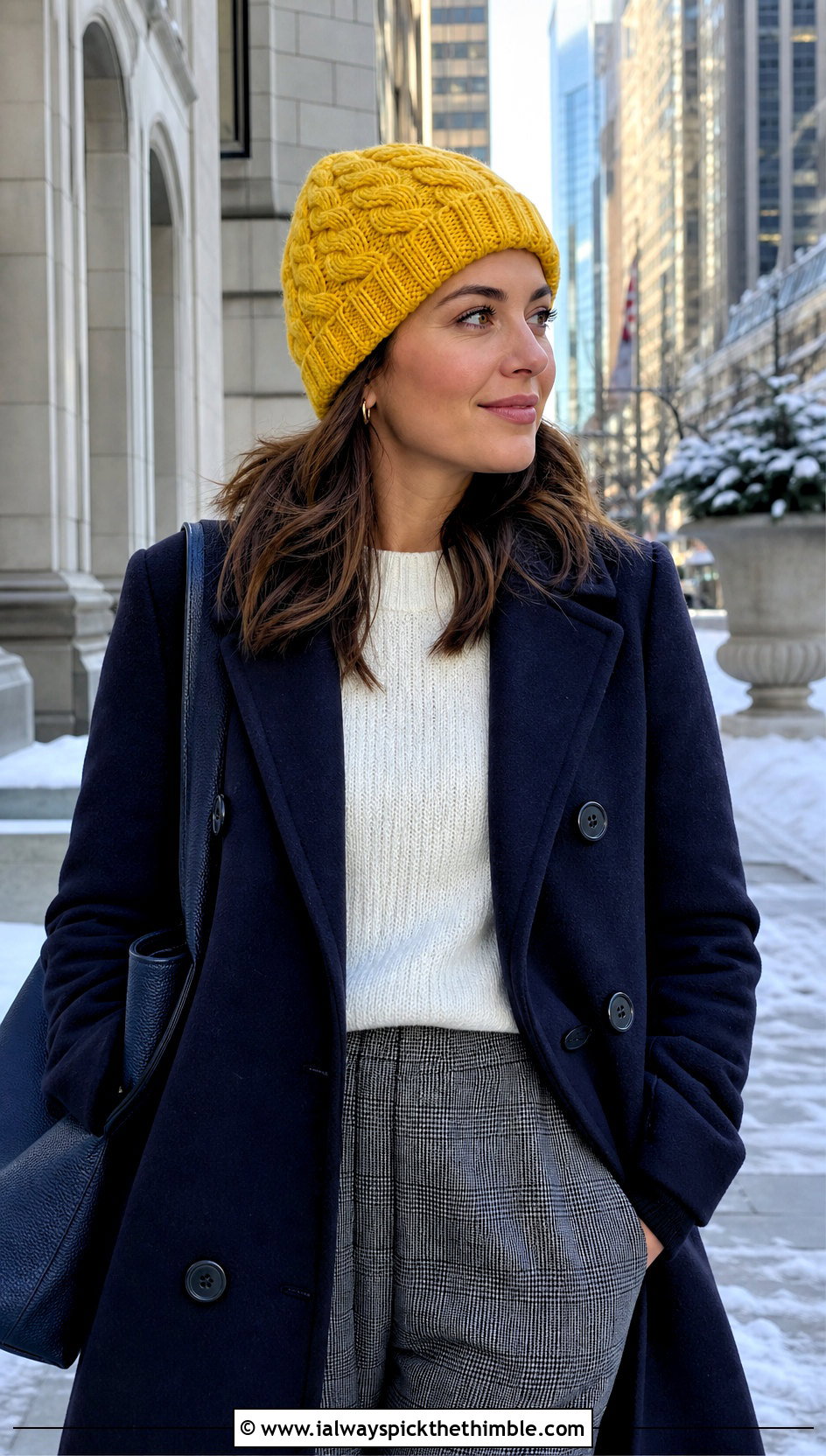 Cable Texture Crochet Beanie With Peacoat And Plaid Pants - 20 Fast Crochet Beanie outfit ideas
