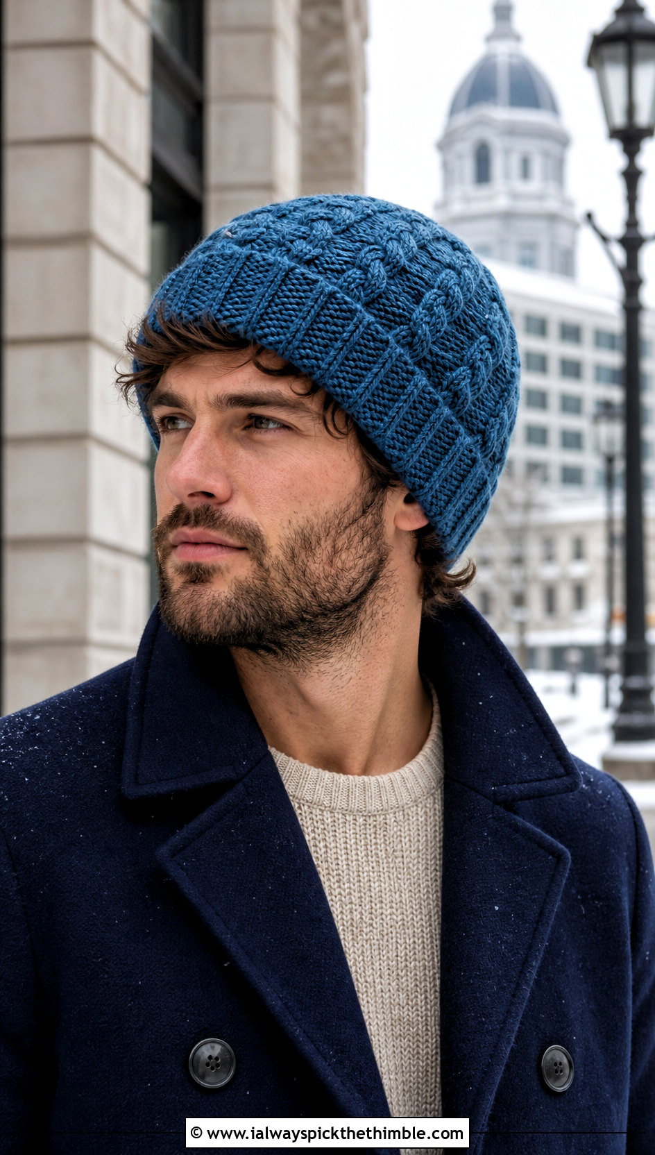 Cable Texture Crochet Beanie With Peacoat - 20 easy men's crochet beanie outfit ideas