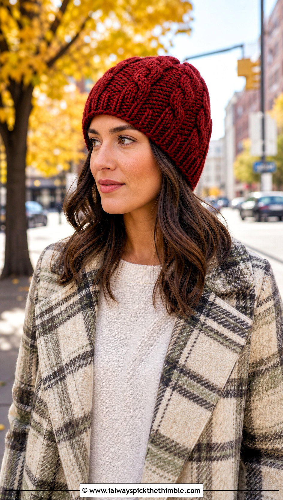 Cable Texture Crochet Beanie With Plaid Coat - 20 crochet fall beanie outfit ideas