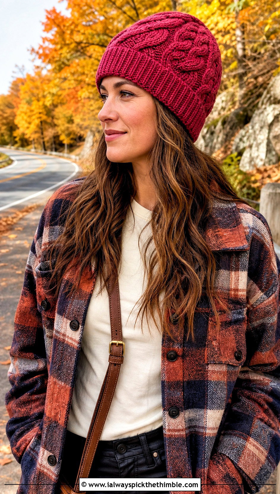 Cable Texture Crochet Beanie With Plaid Shacket - 20 Fall Crochet Beanie outfit ideas