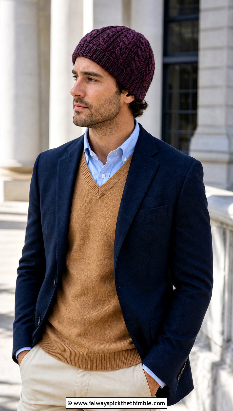 Cable Texture Crochet Beanie With Preppy Layers - 25 crochet hat for man outfit ideas