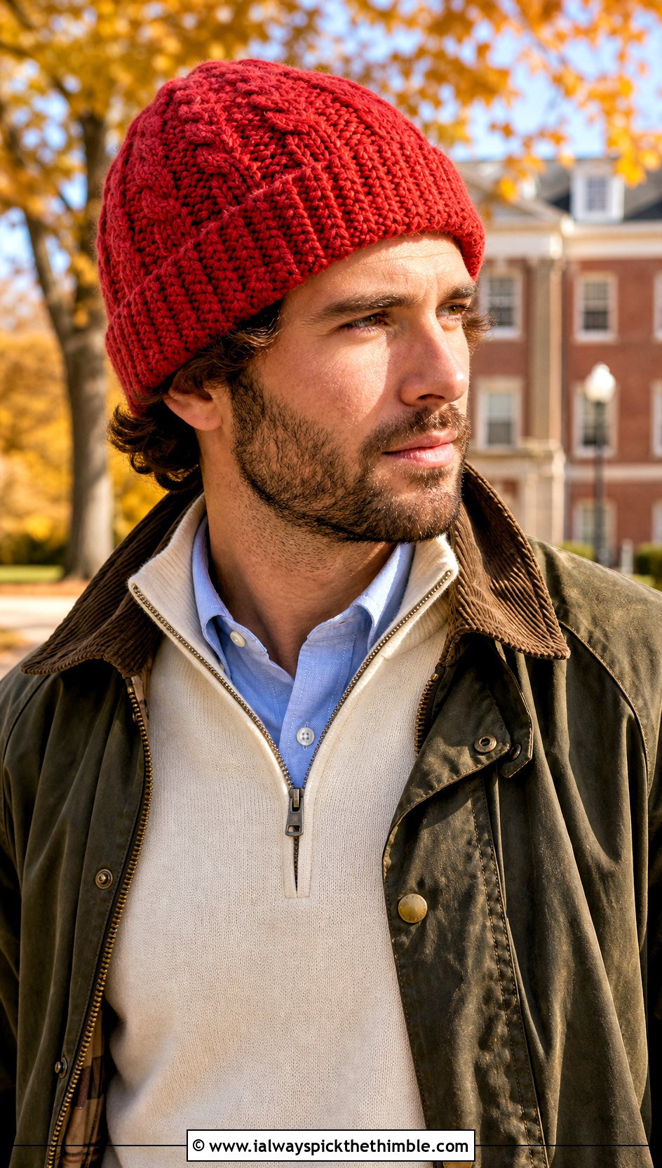 Cable Texture Crochet Beanie With Quarter Zip Sweater - 20 mens crochet hats men's beanie outfit ideas
