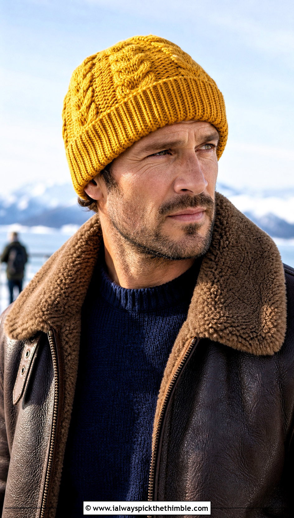 Cable Texture Crochet Beanie With Shearling Jacket - 20 crocheted mens hats outfit ideas