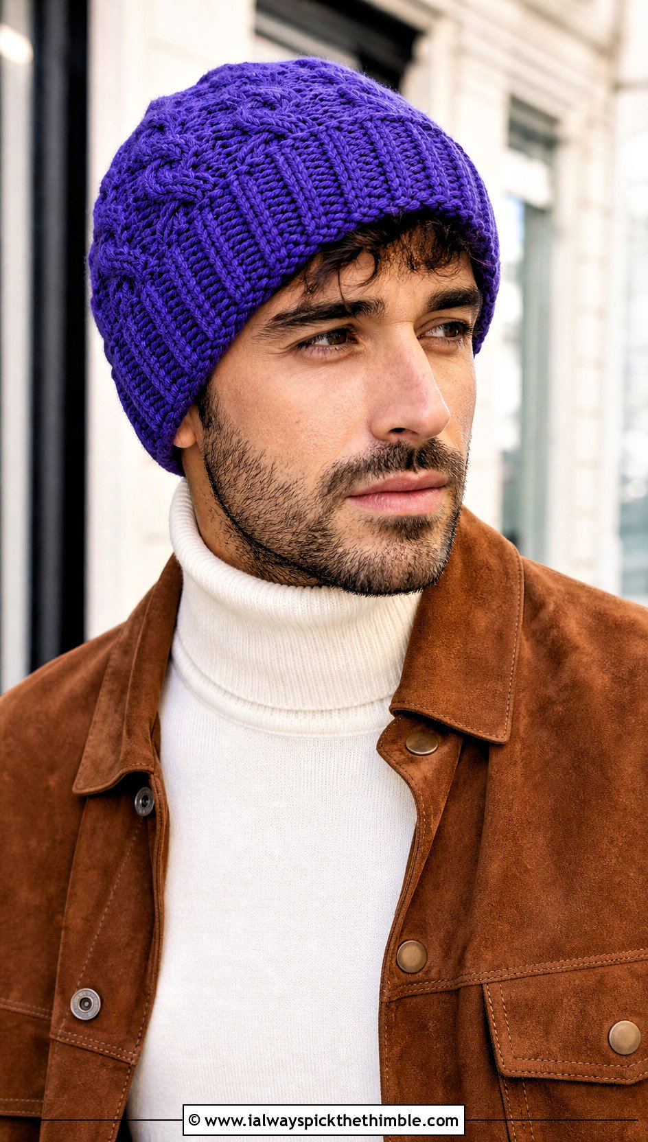 Cable Texture Crochet Beanie With Suede Jacket - 25 crochet hats men outfit ideas
