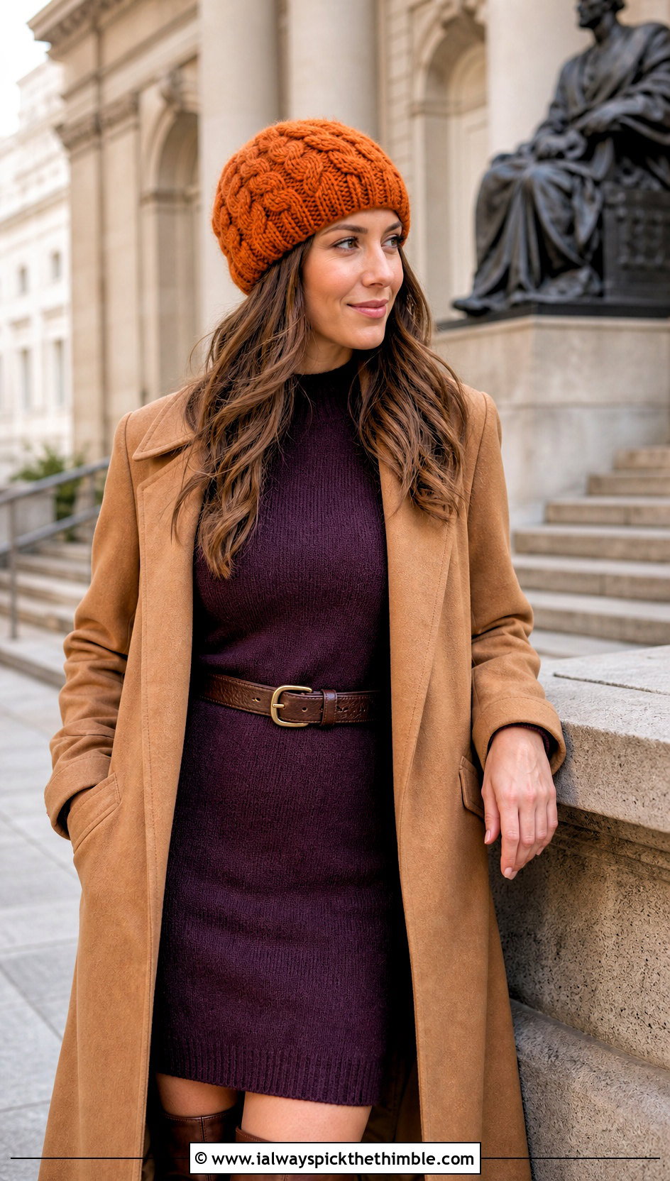 Cable Texture Crochet Beanie With Sweater Dress And Tall Boots - 25 crochet winter hat outfit ideas