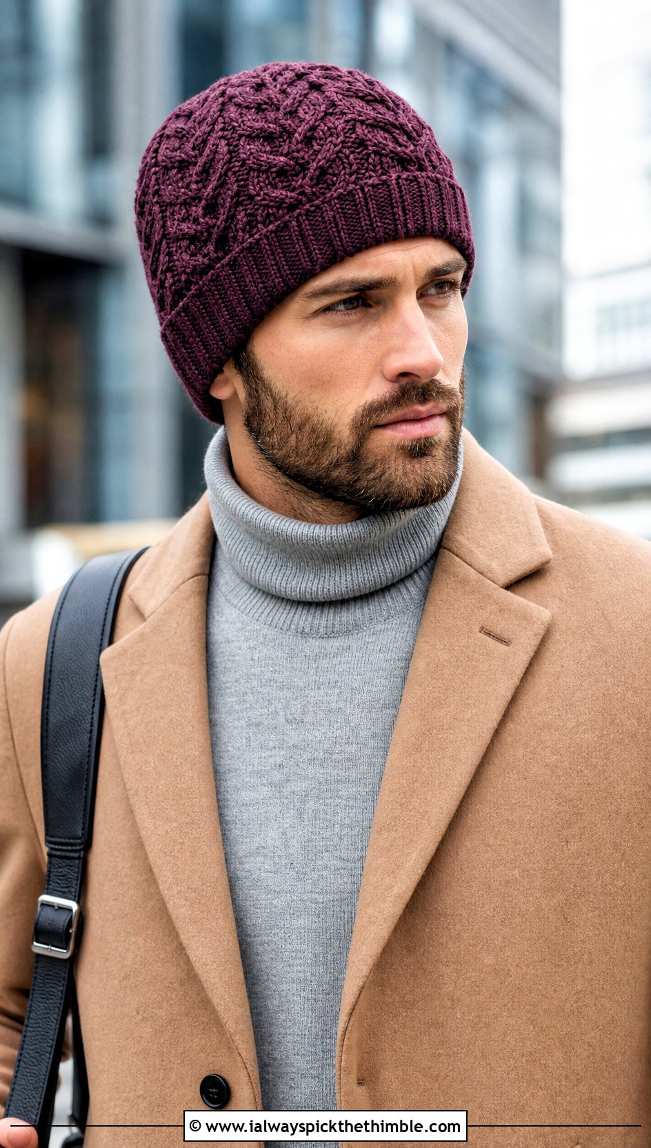 Cable Texture Crochet Beanie With Turtleneck And Overcoat - 25 crochet hat for men outfit ideas