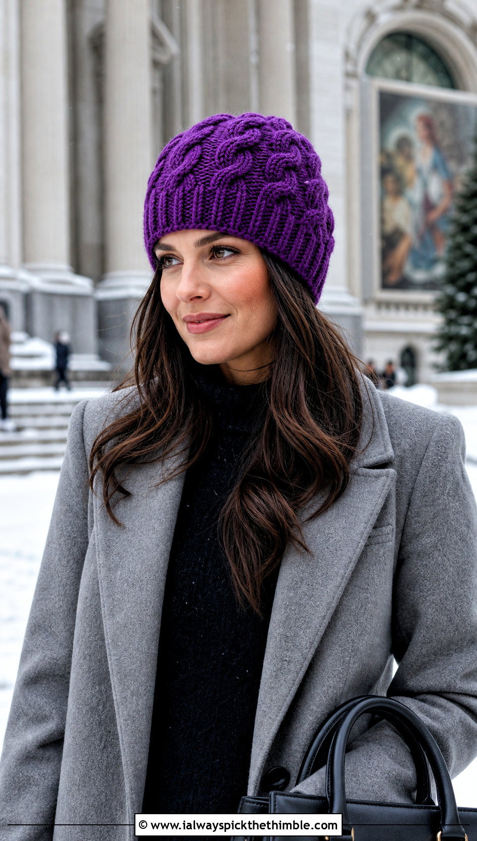 Cable Texture Crochet Beanie With Wool Coat And Sweater Dress - 25 crochet beanie hat outfit ideas
