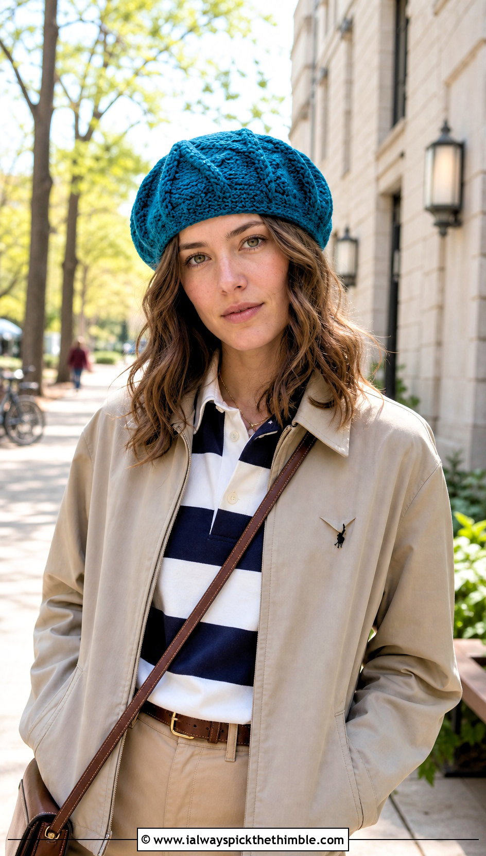 Cable Texture Crochet Beret With Rugby Shirt And Chinos - 25 crochet beret outfit ideas