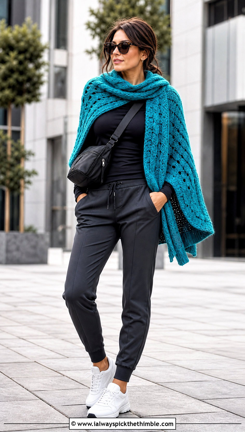 Cable Texture Crochet Blanket Shawl With Track Pants - 20 crochet blanket shawl outfit ideas