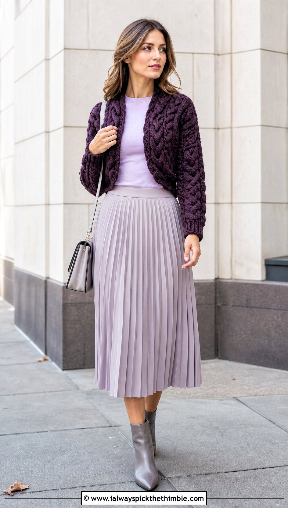 Cable Texture Crochet Bolero Shrug With Pleated Midi Skirt - 25 crochet bolero shrug outfit ideas
