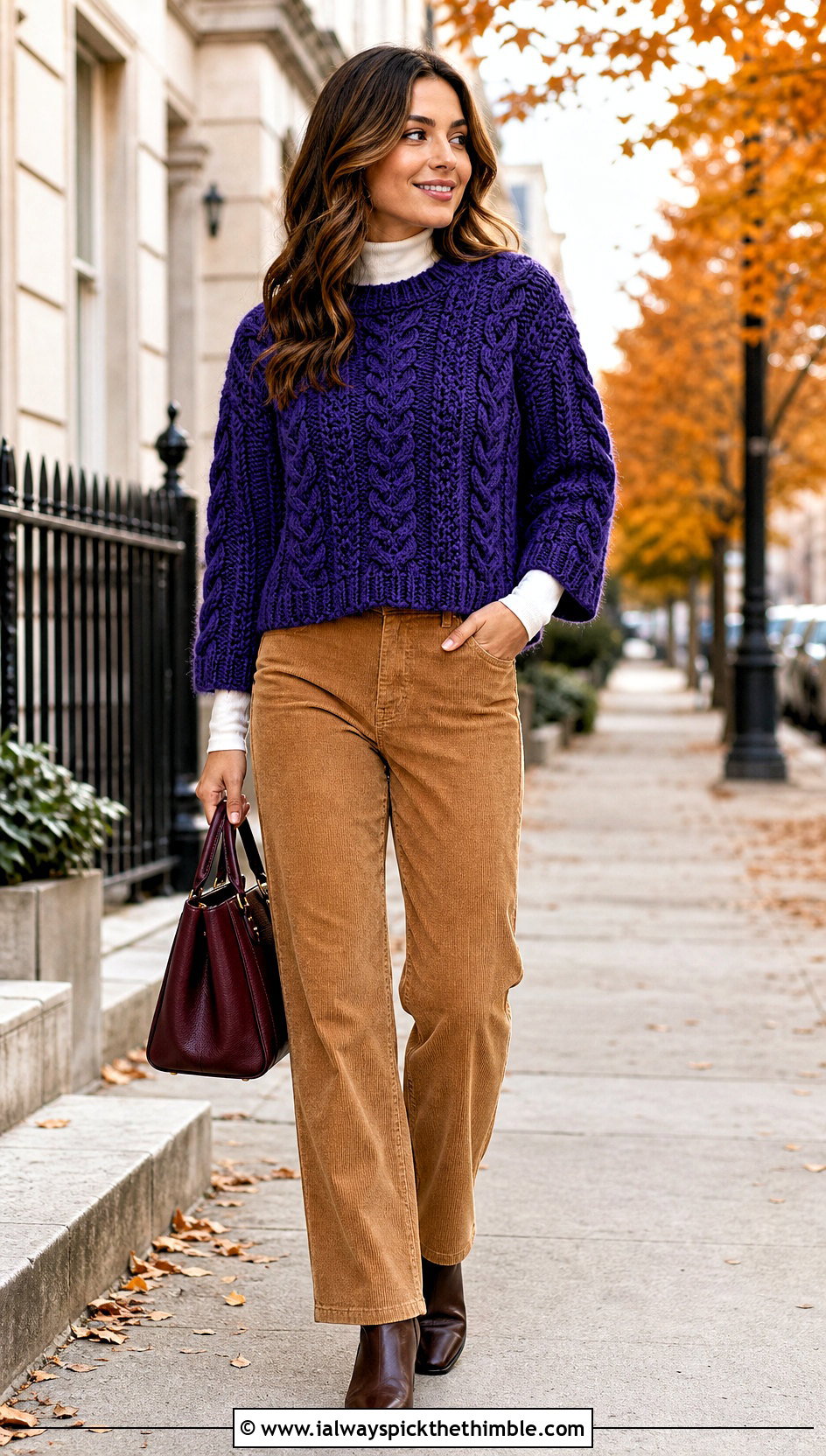 Cable Texture Crochet Boxy Sweater With Corduroy Pants - 20 Crochet Boxy Sweater outfit ideas
