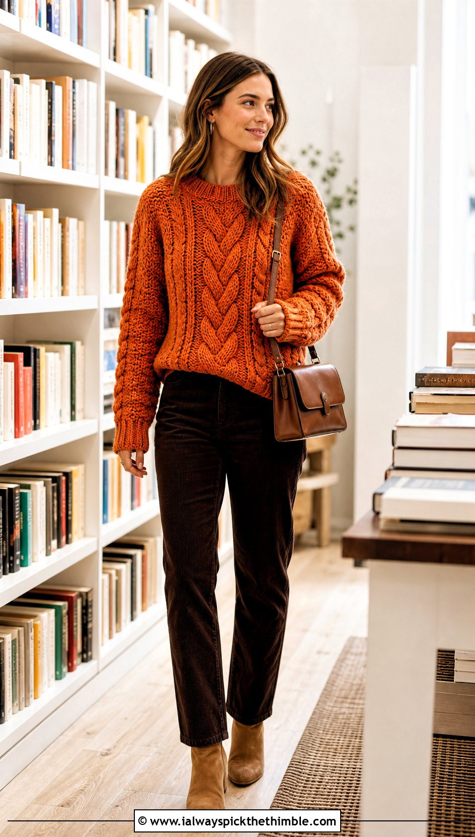 Cable Texture Crochet Bulky Sweater With Corduroy Pants - 20 Crochet Bulky Sweater outfit ideas