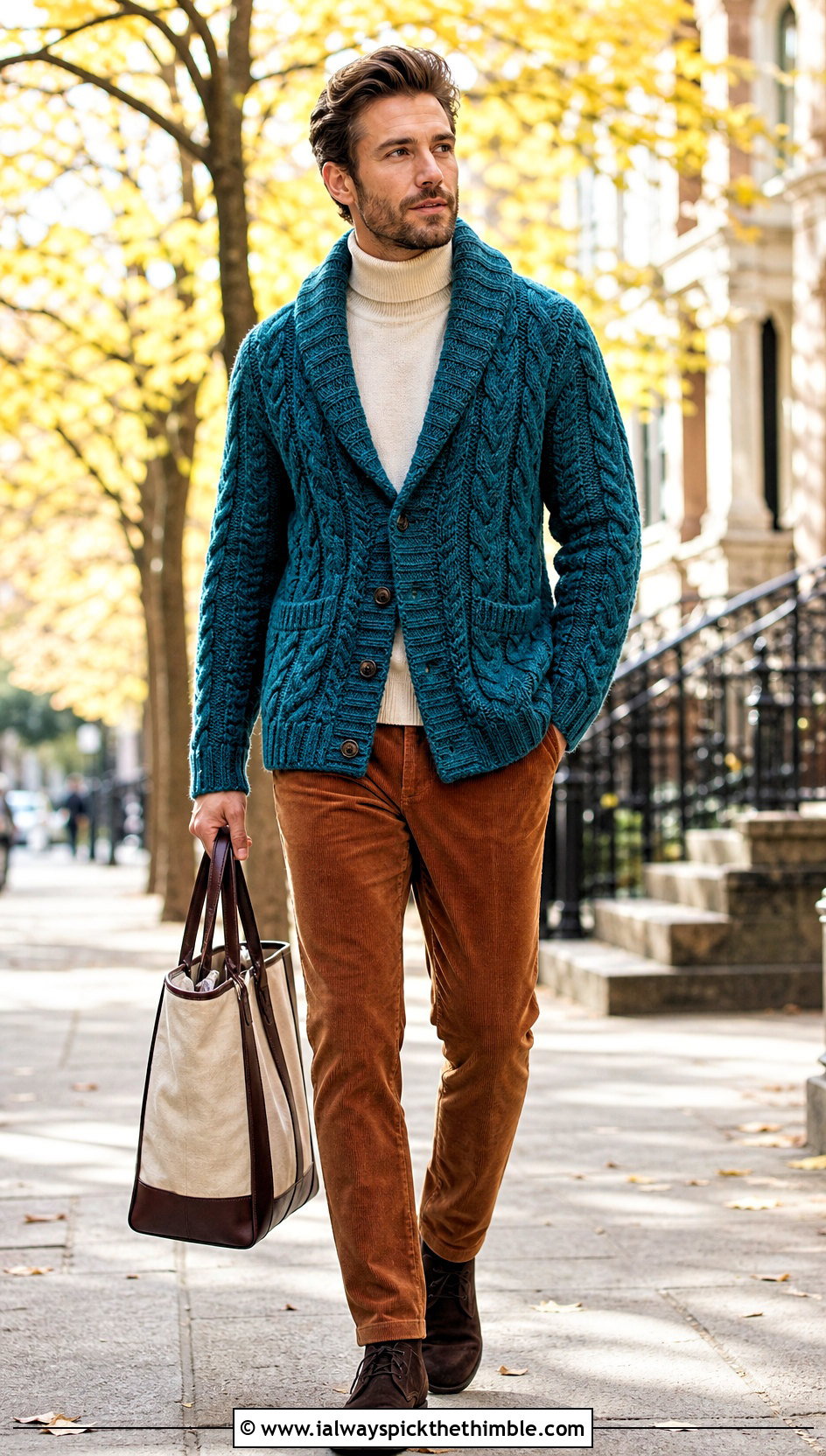 Cable Texture Crochet Cardigan With Corduroy Pants - 20 men's crochet cardigan outfit ideas