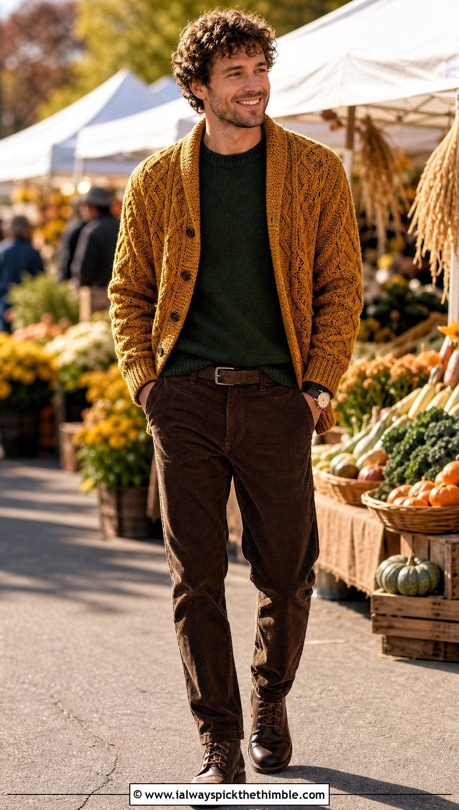 Cable Texture Crochet Cardigan With Corduroy Pants - 20 crochet man cardigan outfit ideas