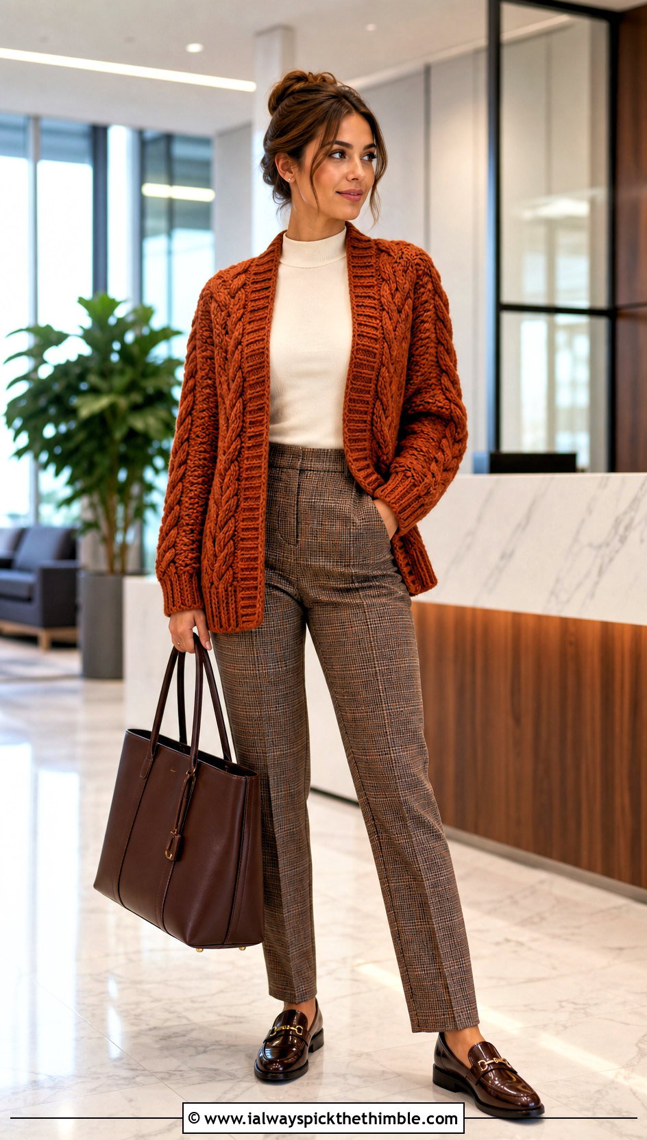 Cable Texture Crochet Cardigan With Plaid Trousers - 25 fall crochet cardigan outfit ideas