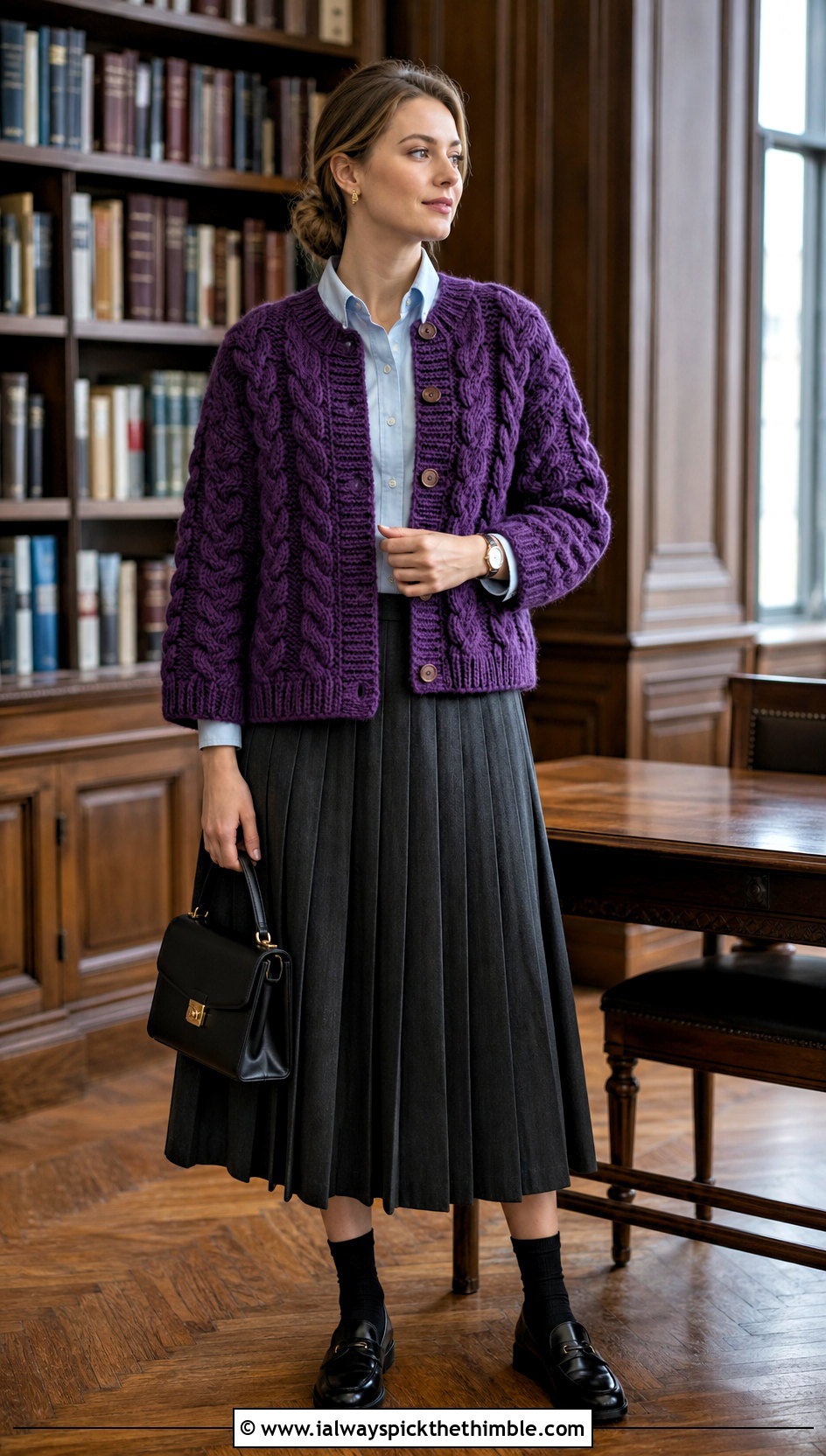 Cable Texture Crochet Cardigan With Pleated Midi Skirt - 20 Thick Yarn Crochet Cardigan outfit ideas