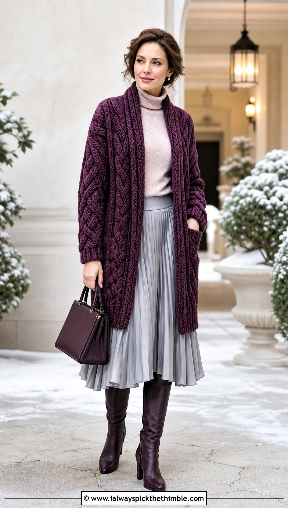 Cable Texture Crochet Cardigan With Pleated Midi Skirt - 20 crochet winter cardigan outfit ideas