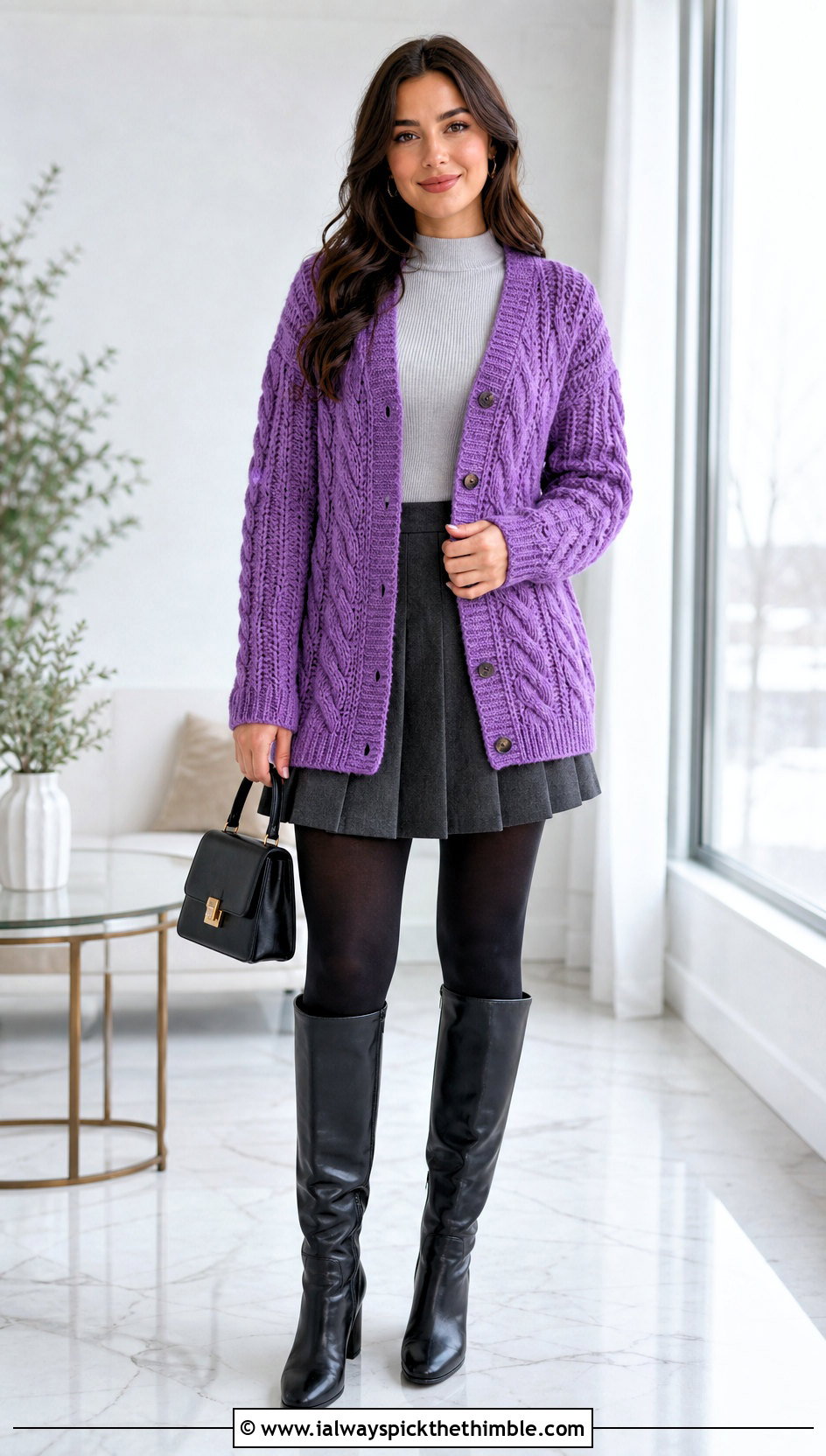 Cable Texture Crochet Cardigan With Pleated Mini Skirt - 15 Ultimate Lounge Crochet Cardigan outfit ideas