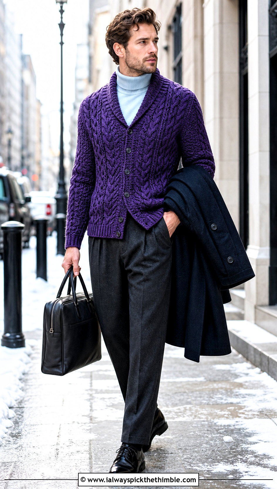Cable Texture Crochet Cardigan With Wool Trousers - 25 crochet cardigan men outfit ideas