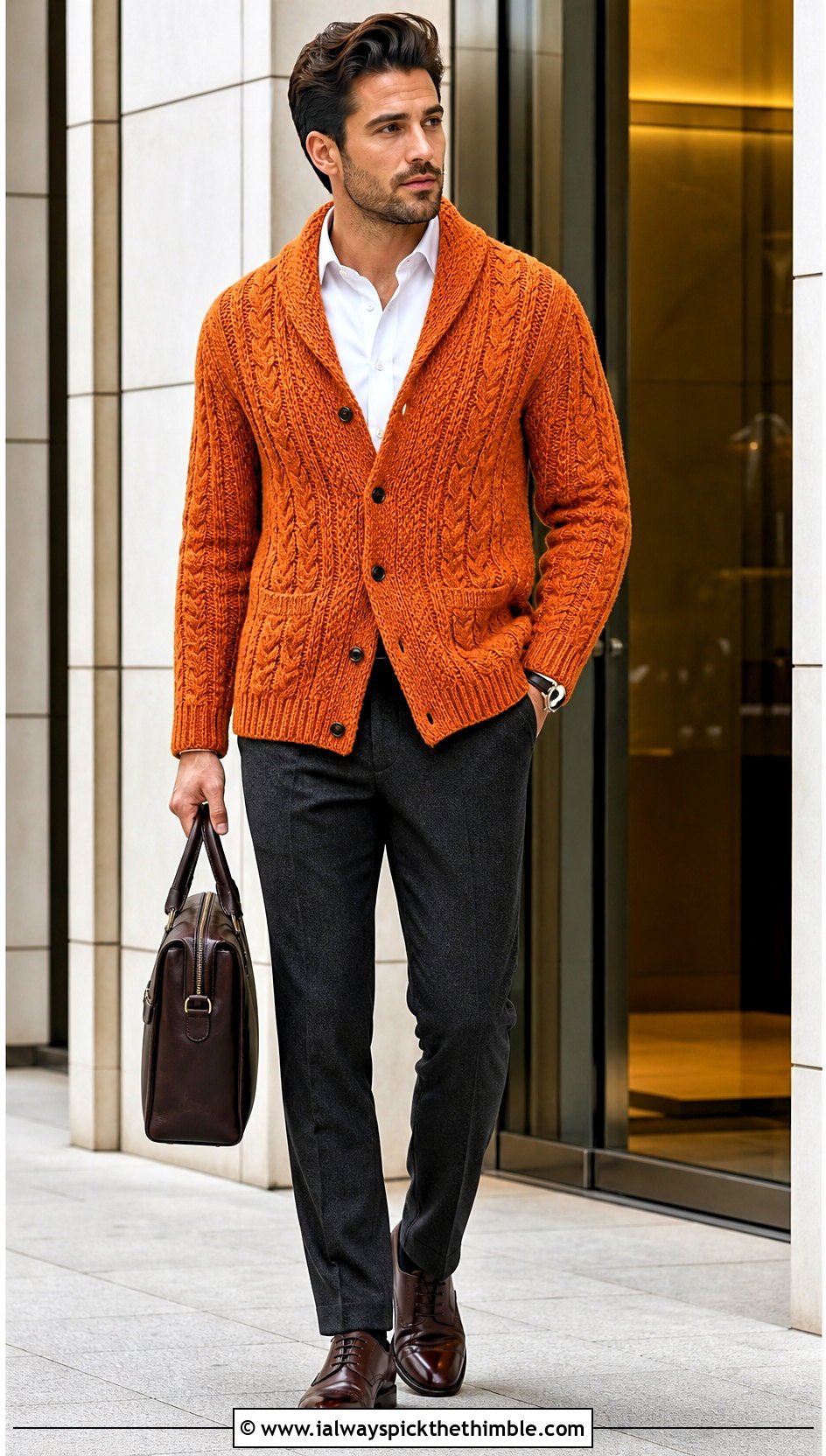 Cable Texture Crochet Cardigan With Wool Trousers - 20 mens crochet cardigan sweater outfit ideas