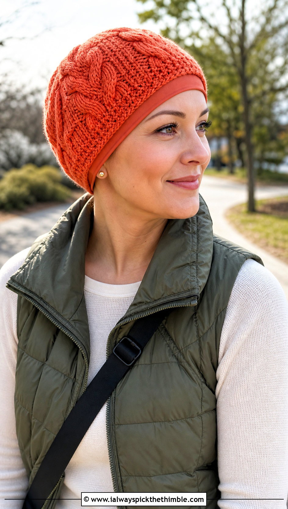 Cable Texture Crochet Chemo Cap With Puffer Vest - 25 crochet chemo caps outfit ideas