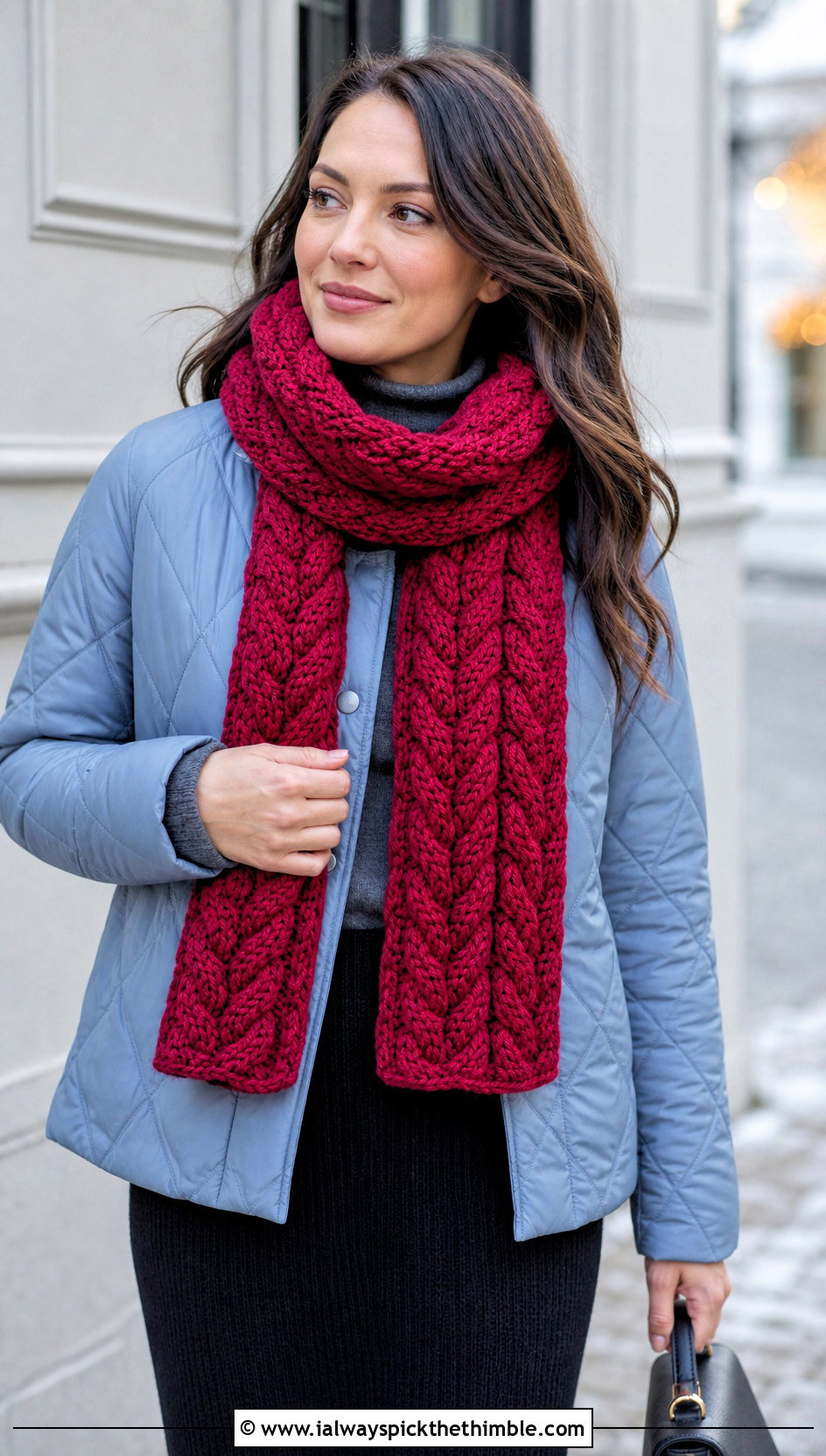 Cable Texture Crochet Chenille Scarf With Quilted Coat - 20 crochet chenille scarf outfit ideas