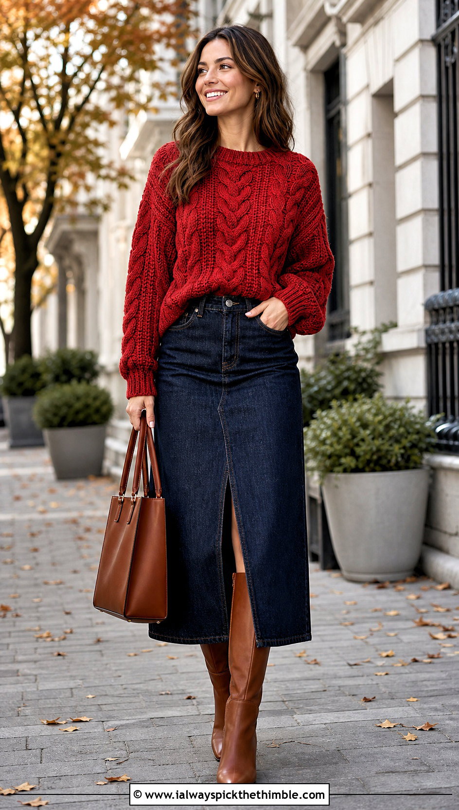 Cable Texture Crochet Chenille Sweater With Denim Midi Skirt - 20 crochet chenille sweater outfit ideas