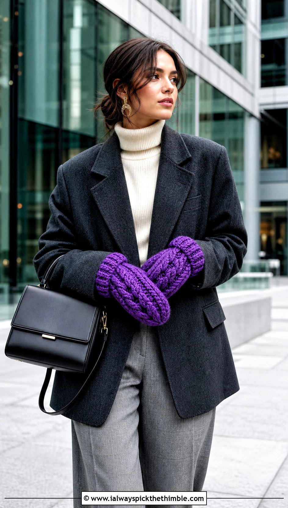 Cable Texture Crochet Chunky Mittens With Blazer And Wide Leg Pants - 20 crochet chunky mittens outfit ideas