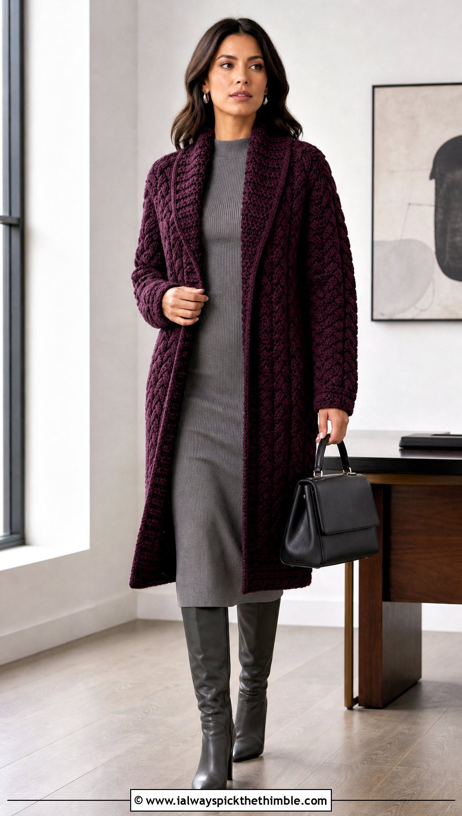 Cable Texture Crochet Coatigan With Knit Dress - 25 crochet long sweater outfit ideas
