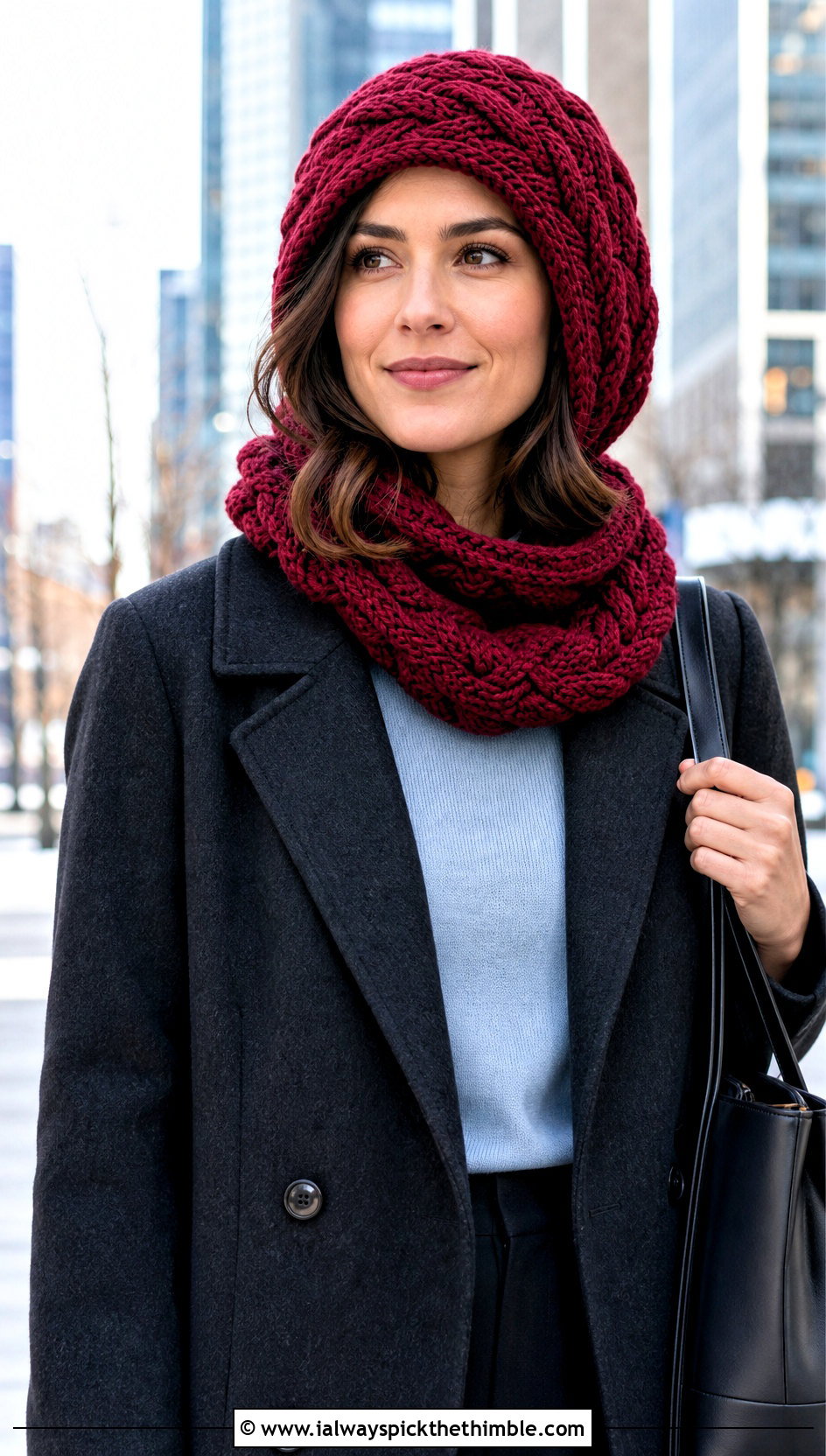Cable Texture Crochet Cowl Hat With Double Breasted Coat - 20 crochet cowl hat outfit ideas