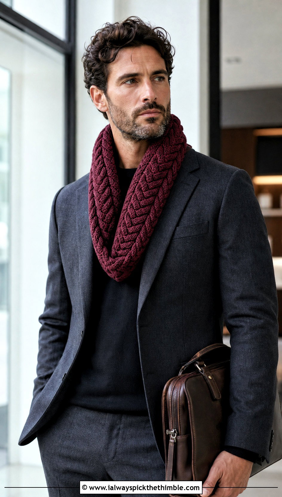 Cable Texture Crochet Cowl With Suit - 20 crochet cowl for men outfit ideas