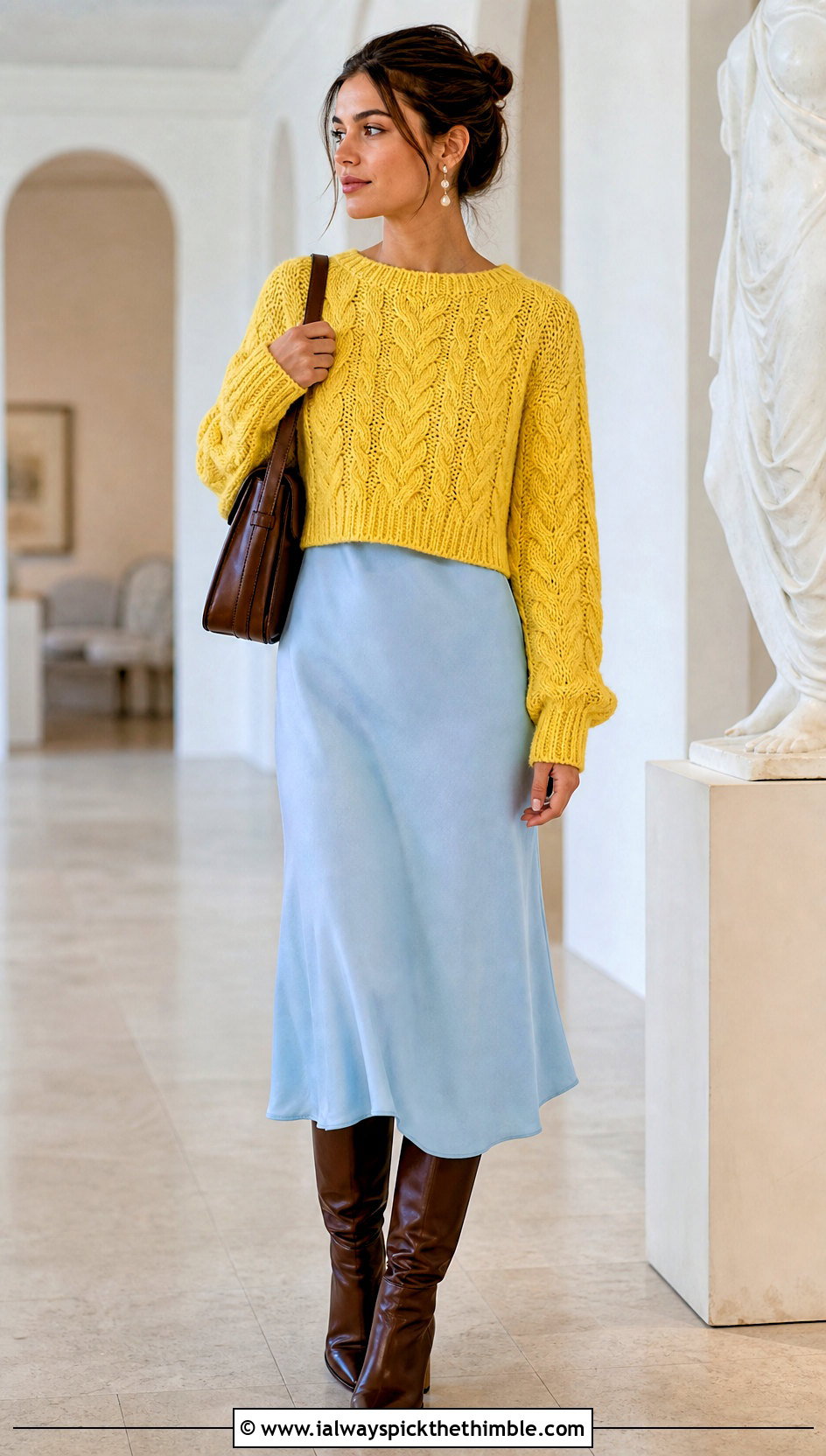 Cable Texture Crochet Cropped Jumper With Bias Cut Dress - 20 crochet cropped jumper outfit ideas