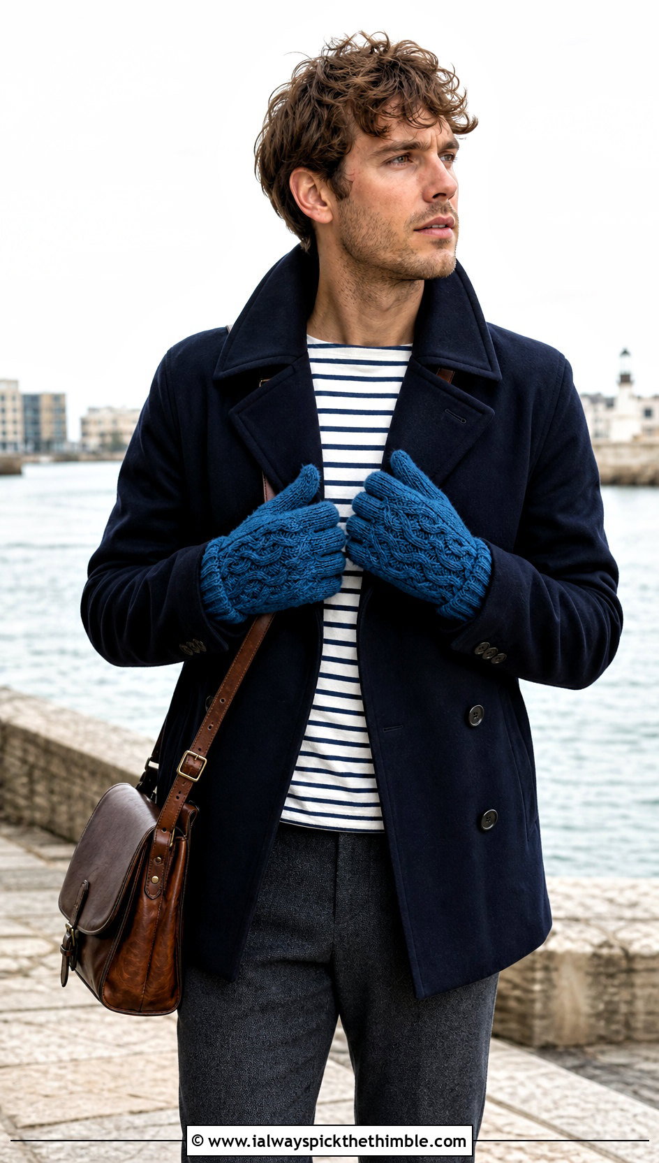 Cable Texture Crochet Gloves With Peacoat - 25 men crochet gloves outfit ideas