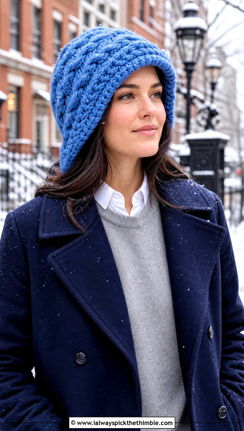Cable Texture Crochet Hood Hat With Peacoat - 20 crochet hood hat outfit ideas