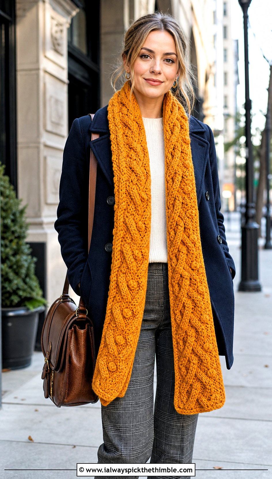 Cable Texture Crochet Long Scarf With Peacoat And Plaid Pants - 20 Crochet Long Scarf outfit ideas