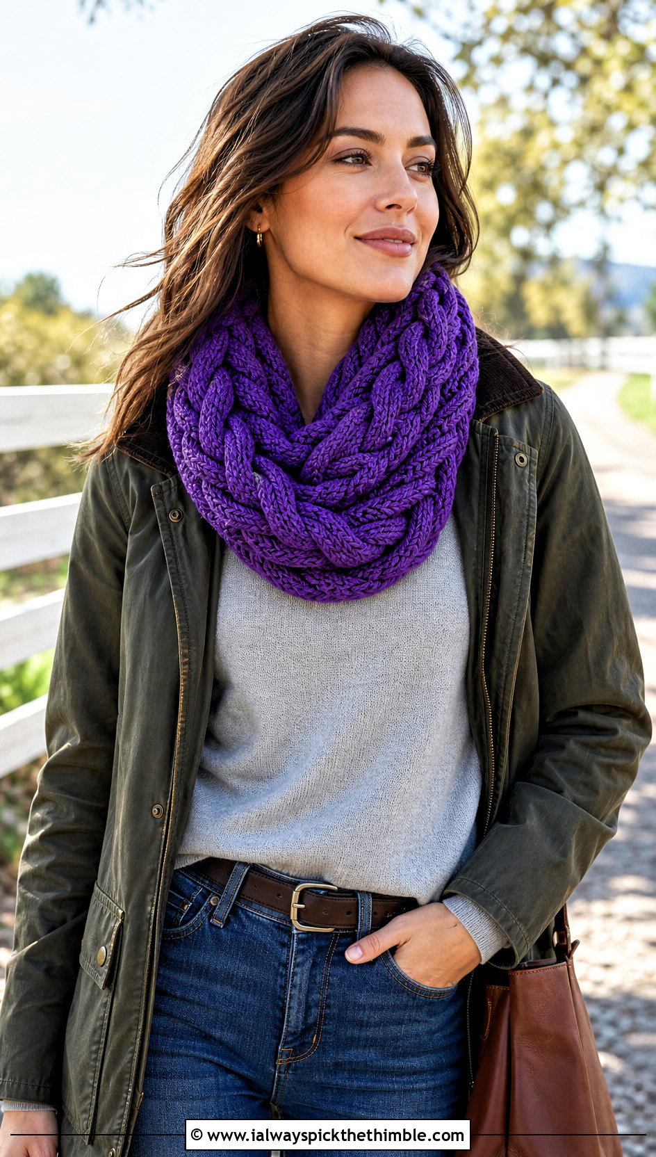 Cable Texture Crochet Loop Scarf With Barn Jacket - 20 Crochet Loop Scarf outfit ideas