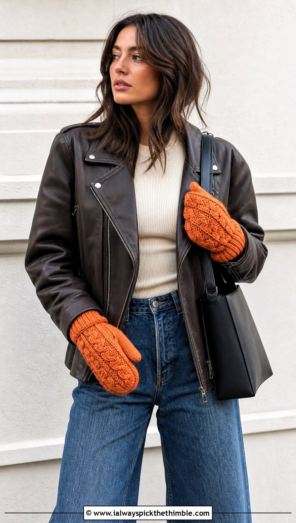 Cable Texture Crochet Mittens With A Leather Jacket - 15 vintage crochet mitten outfit ideas