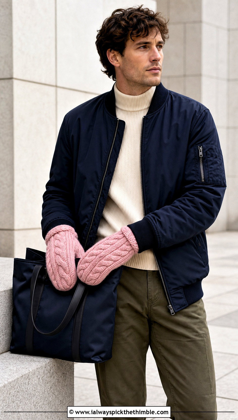 Cable Texture Crochet Mittens With Bomber Jacket - 20 Crochet Mens Mittens outfit ideas