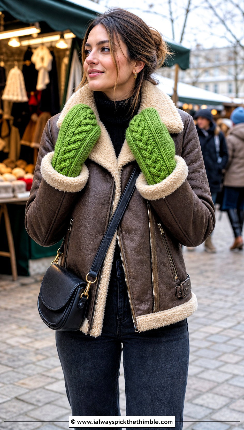 Cable Texture Crochet Mittens With Shearling Jacket And Jeans - 20 quick crochet mittens outfit ideas