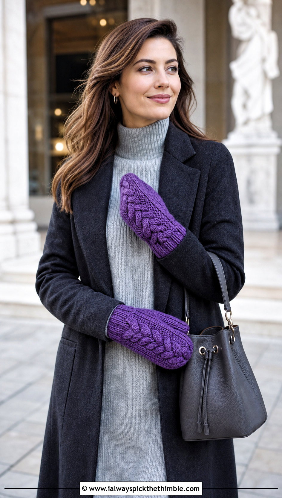Cable Texture Crochet Mittens With Sweater Dress - 20 Simple Crochet Mittens outfit ideas