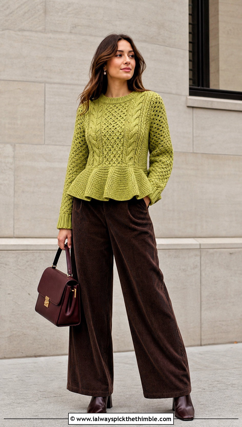 Cable Texture Crochet Peplum Sweater With Corduroy Trousers - 15 Crochet Peplum Sweater outfit ideas